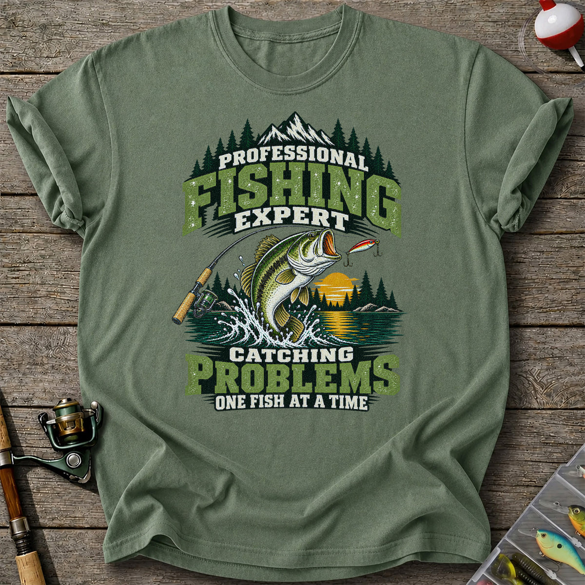 Professional Fishing Expert Catching Problems One Fish at a Time Bass T-Shirt