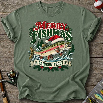 Merry Fishmas Rainbow Trout in Santa Hat Christmas Fishing T-Shirt