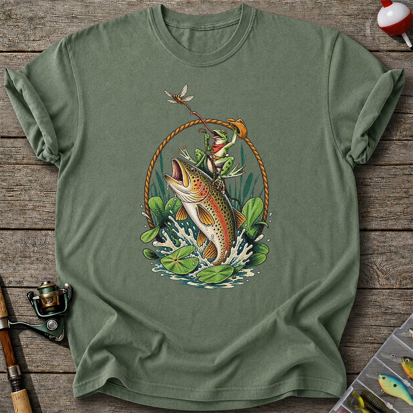 Frog Riding a Rainbow Trout Fishing Graphic T-Shirt