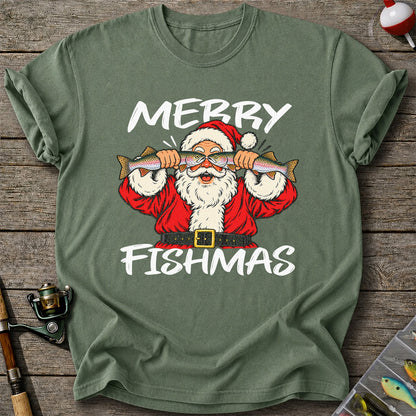Merry Fishmas Santa Holding Rainbow Trout Christmas Fishing T-Shirt