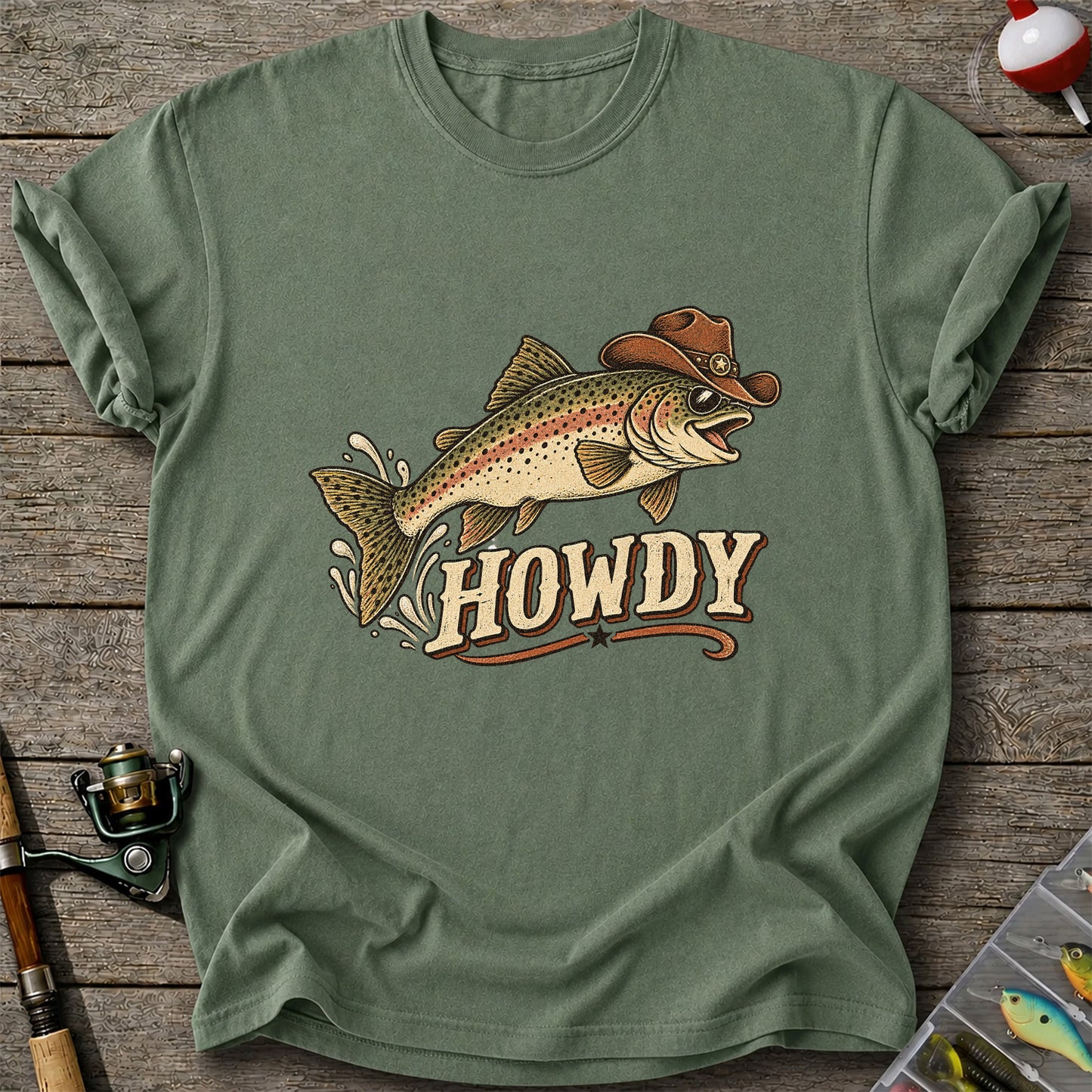 Howdy Cowboy Trout Vintage Fishing Graphic T-Shirt