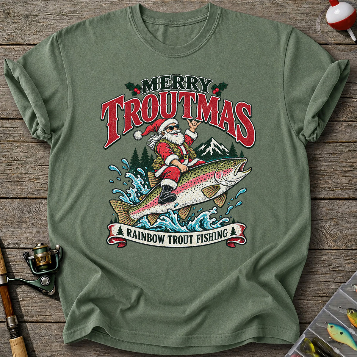 Merry Troutmas Santa Riding a Rainbow Trout Christmas Fishing T-Shirt