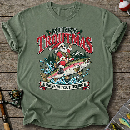 Merry Troutmas Santa Riding a Rainbow Trout Christmas Fishing T-Shirt