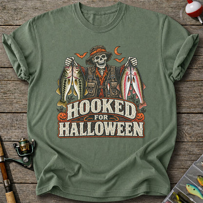 Hooked for Halloween Skeleton Angler with Bass and Trout Fishing T-Shirt