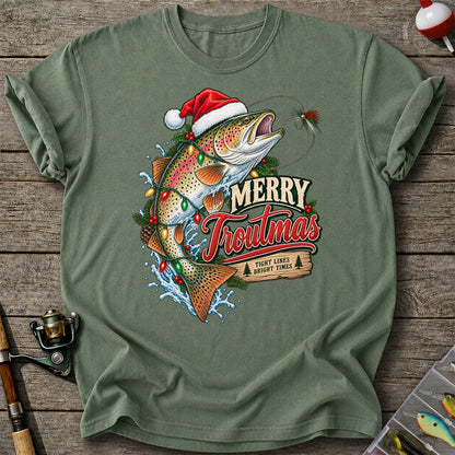 Merry Troutmas Tight Lines Bright Times Santa Hat Rainbow Trout Fishing T-Shirt
