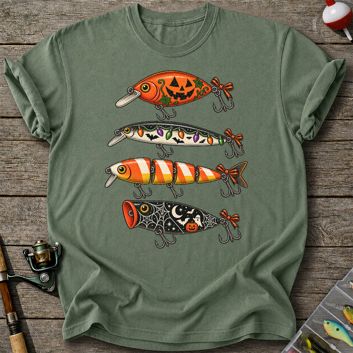 Halloween Fishing Lures with Pumpkin, Ghost and Candy Corn Graphic T-Shirt