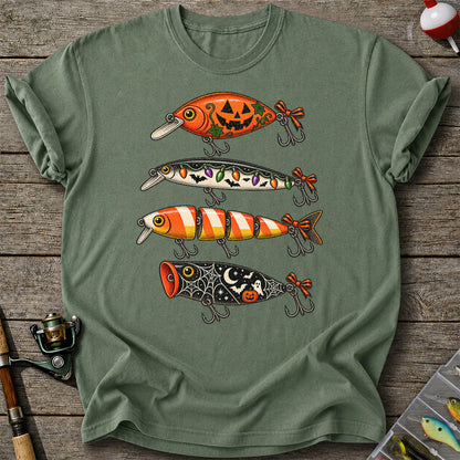 Halloween Fishing Lures with Pumpkin, Ghost and Candy Corn Graphic T-Shirt