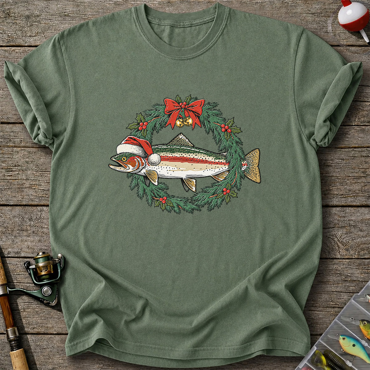 Christmas Trout Wreath Fishing Graphic T-Shirt
