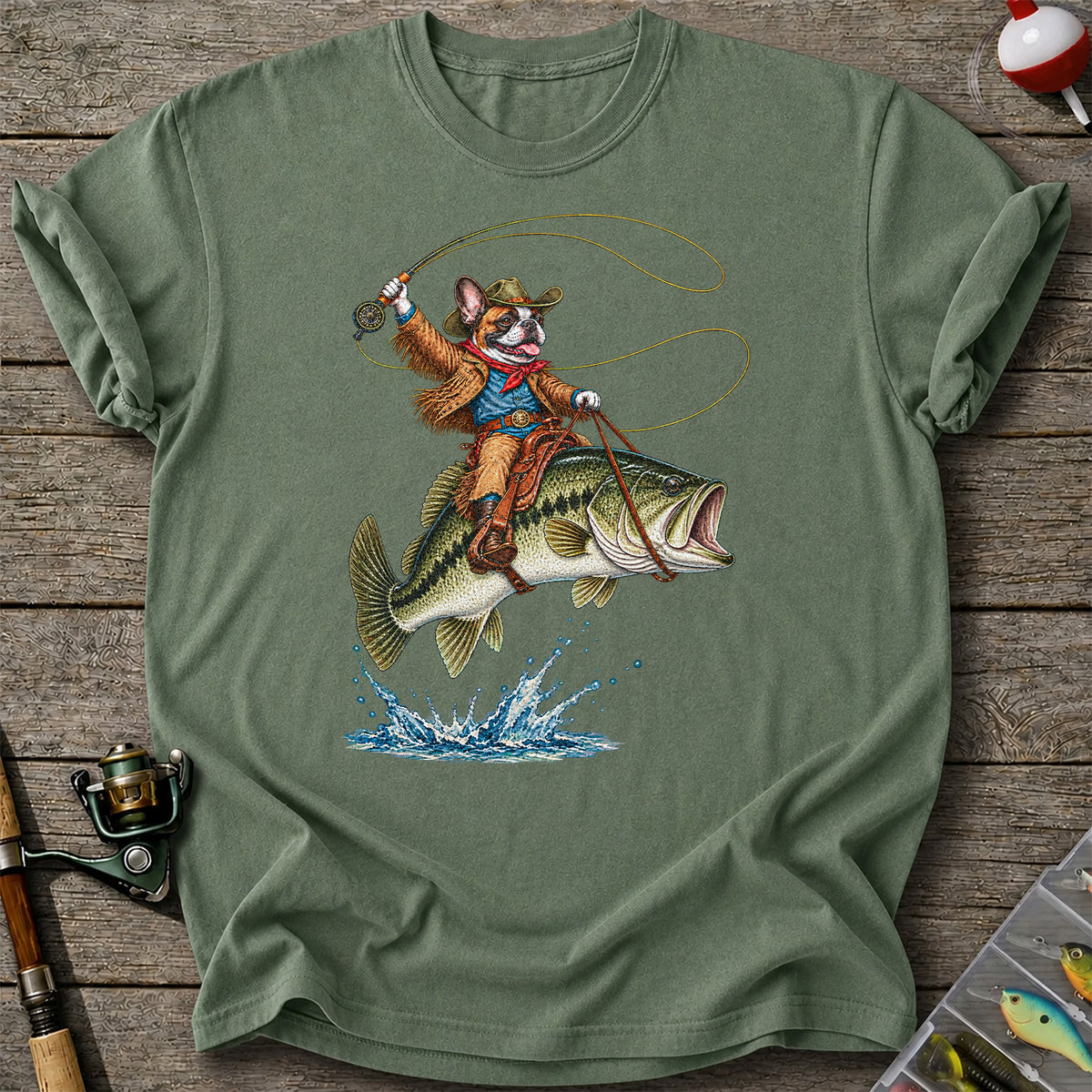 French Bulldog Cowboy Riding a Bass Fishing Graphic T-Shirt