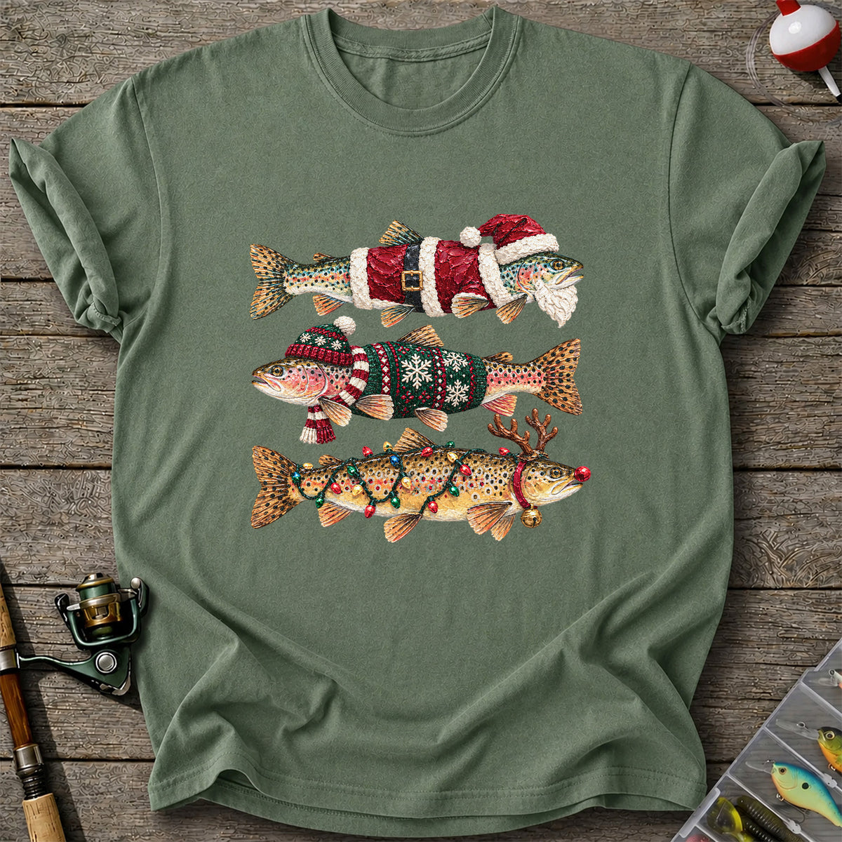 Christmas Trout Fishing Graphic T-Shirt with Festive Fish Artwork