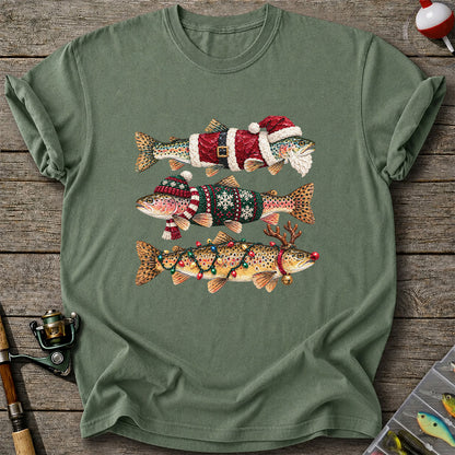 Christmas Trout Fishing Graphic T-Shirt with Festive Fish Artwork