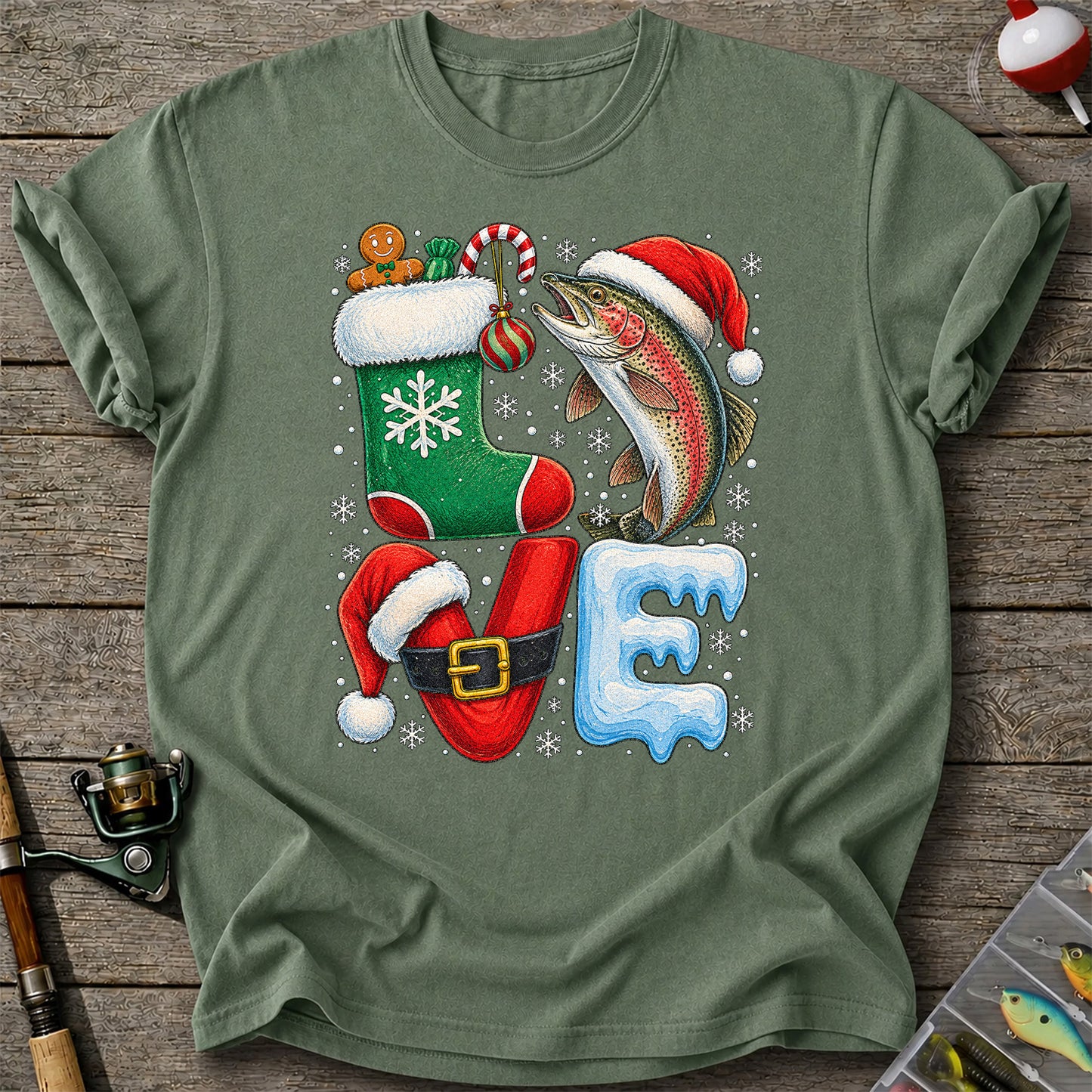 Christmas LOVE Rainbow Trout and Stocking Fishing Graphic T-Shirt