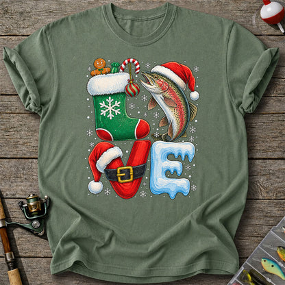 Christmas LOVE Rainbow Trout and Stocking Fishing Graphic T-Shirt