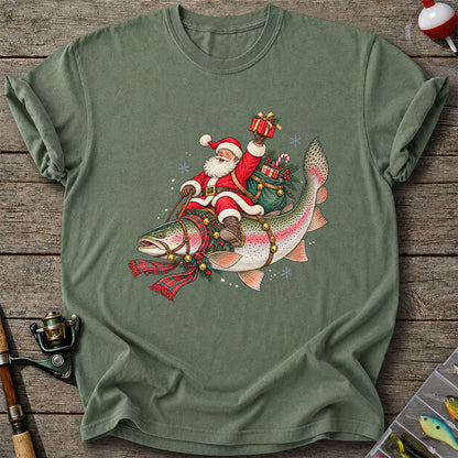 Santa Riding a Festive Rainbow Trout Christmas Fishing Graphic T-Shirt