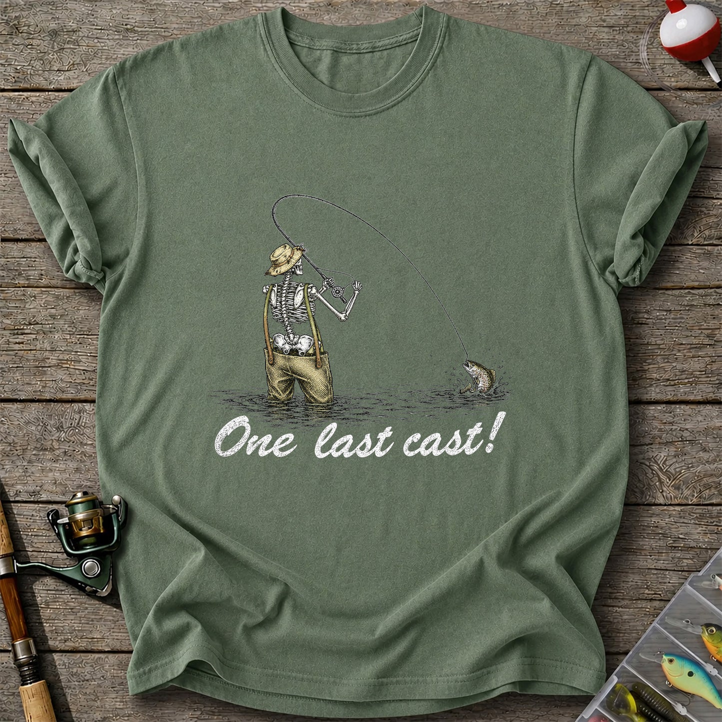 One Last Cast Skeleton Angler Fishing Graphic T-Shirt