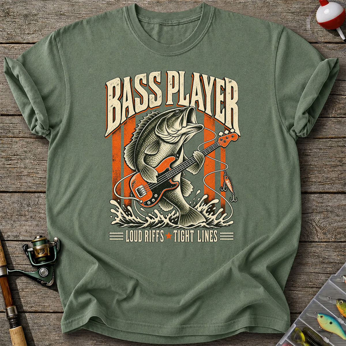 Bass Playing Guitar Vintage Fishing Graphic T-Shirt