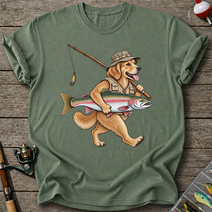 Golden Retriever Holding Rainbow Trout Fishing Graphic T-Shirt