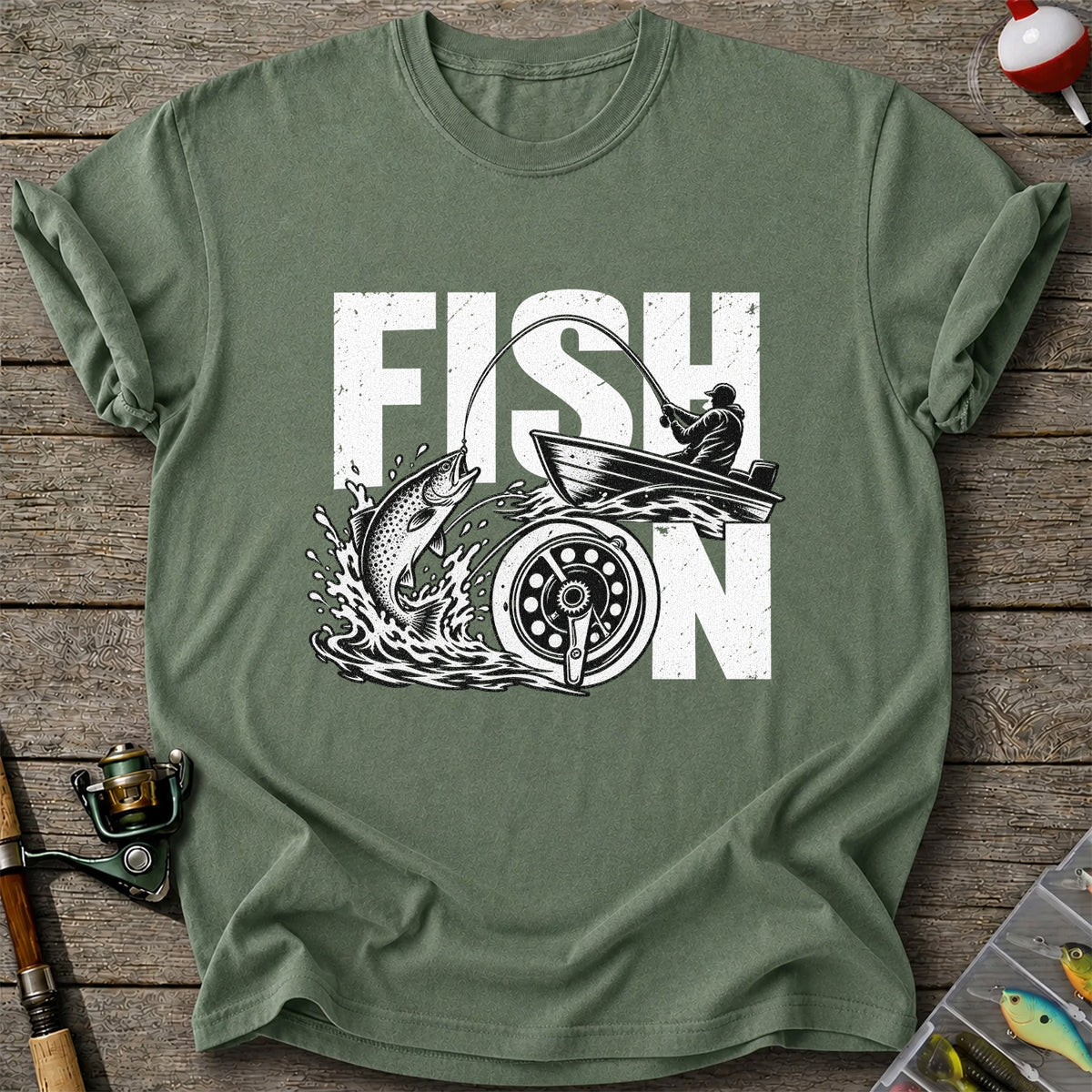 Fish On Jumping Trout and Fishing Boat Graphic T-Shirt