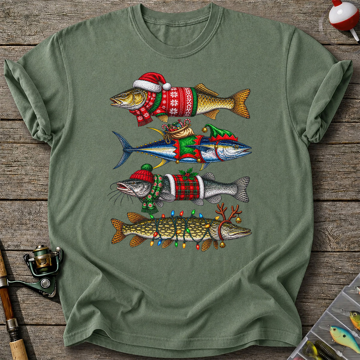 Christmas Fish in Festive Sweaters Fishing Graphic T-Shirt