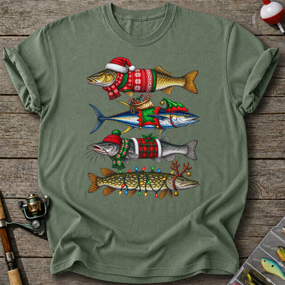 Christmas Fish in Festive Sweaters Fishing Graphic T-Shirt