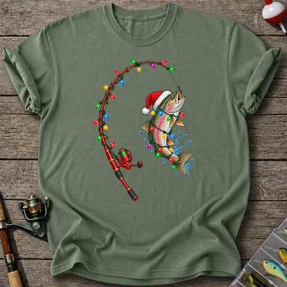 Christmas Rainbow Trout with Santa Hat and Lights Fishing T-Shirt