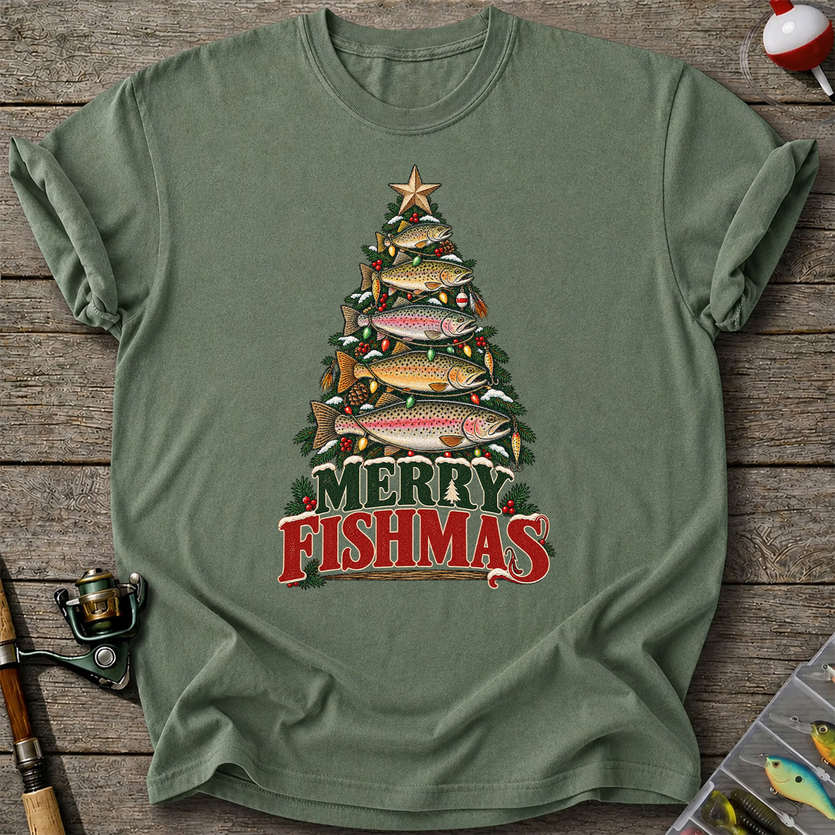 Merry Fishmas Trout Christmas Tree Fishing T-Shirt