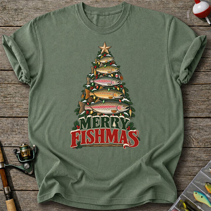 Merry Fishmas Trout Christmas Tree Fishing T-Shirt