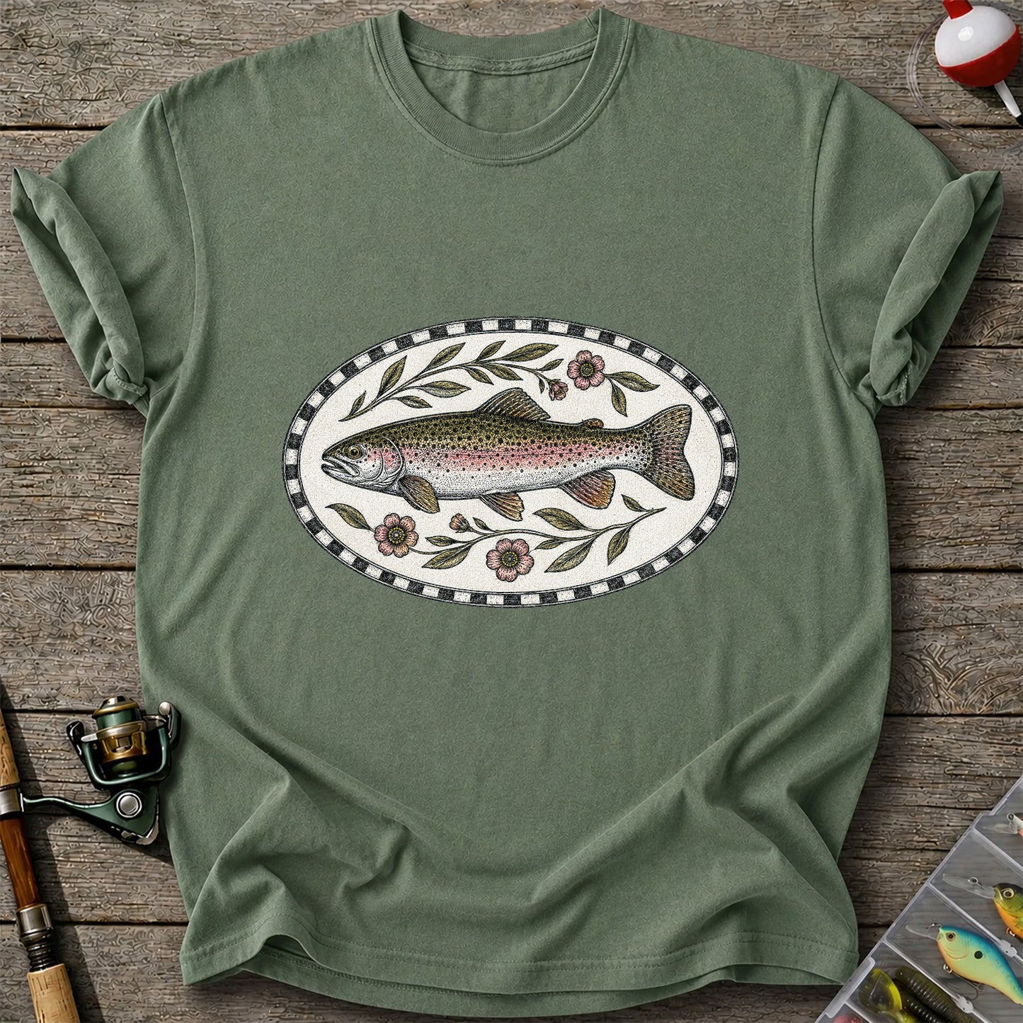 Vintage Floral Rainbow Trout Fishing Graphic T-Shirt