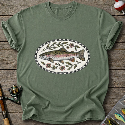 Vintage Floral Rainbow Trout Fishing Graphic T-Shirt