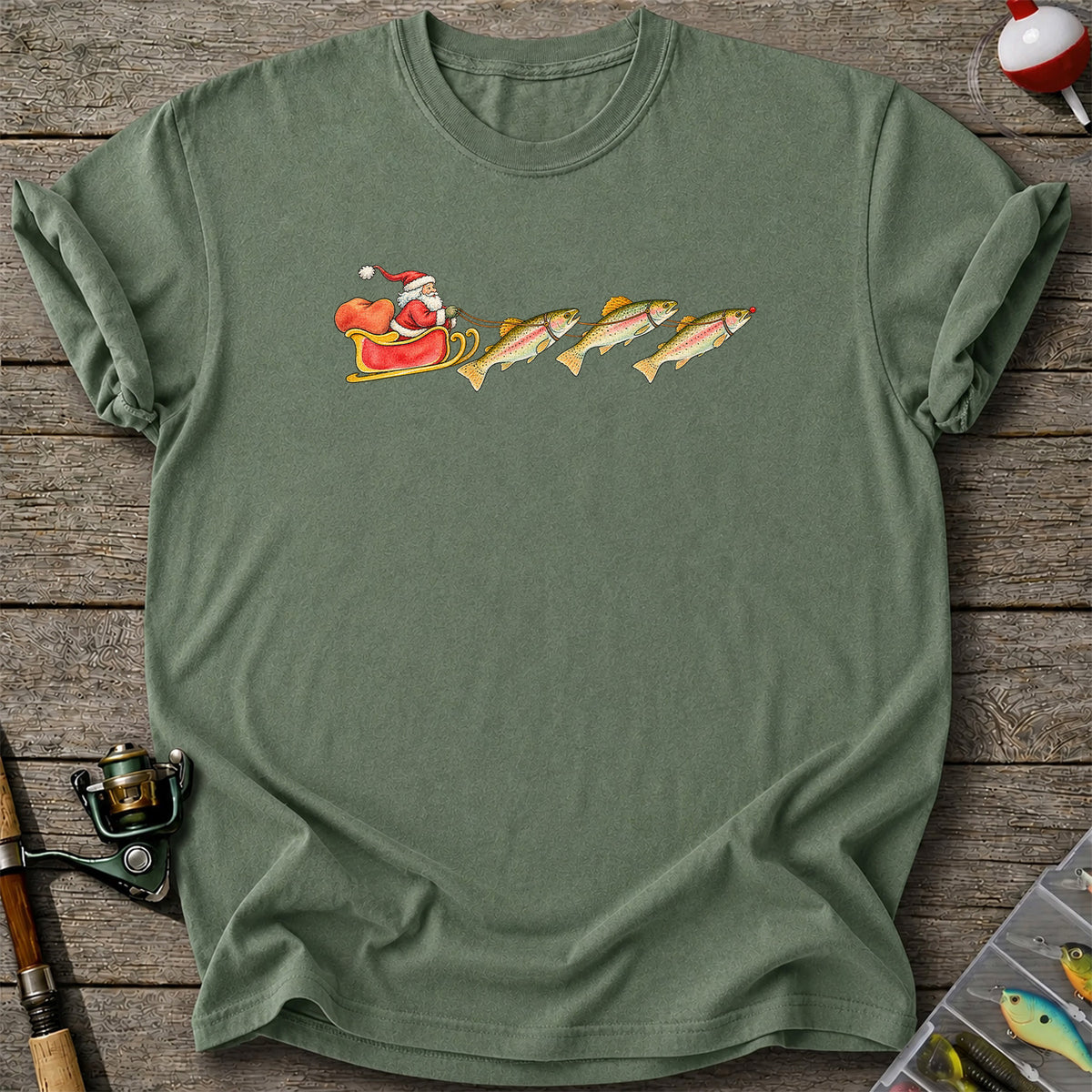 Santa Sleigh Pulling Rainbow Trout Fishing Graphic T-Shirt