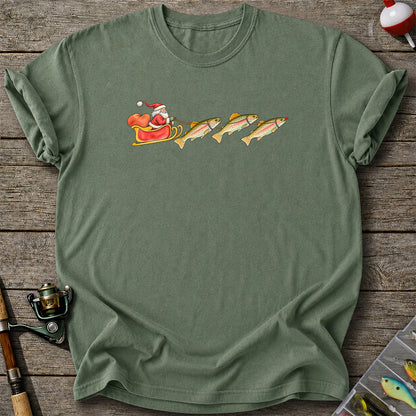 Santa Sleigh Pulling Rainbow Trout Fishing Graphic T-Shirt