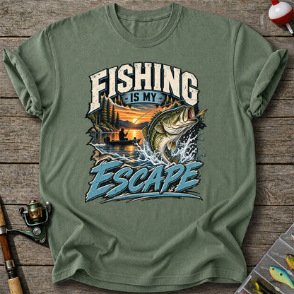Fishing Is My Escape Jumping Bass and Sunset Lake Graphic T-Shirt