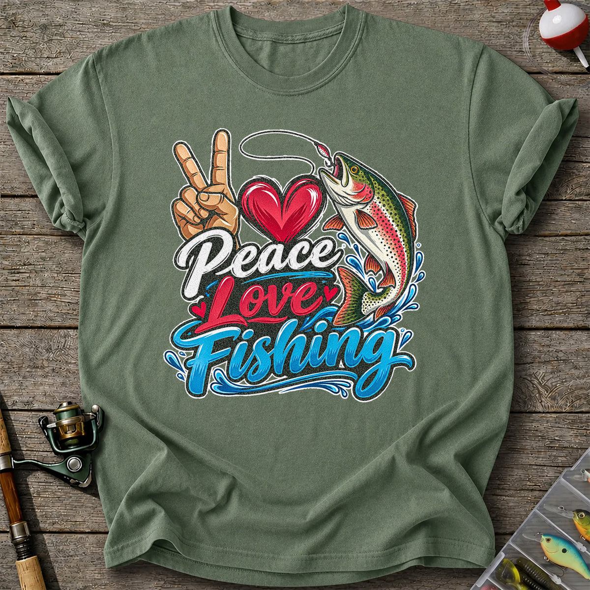 Peace Love Fishing Rainbow Trout and Heart Graphic T-Shirt