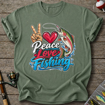 Peace Love Fishing Rainbow Trout and Heart Graphic T-Shirt