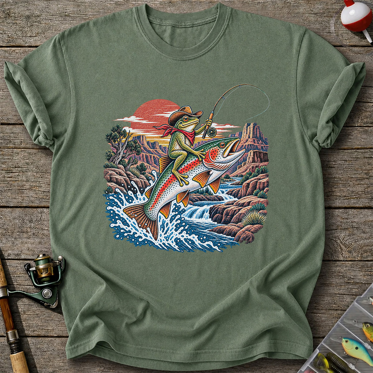 Cowboy Frog Riding a Rainbow Trout Canyon Fishing Graphic T-Shirt