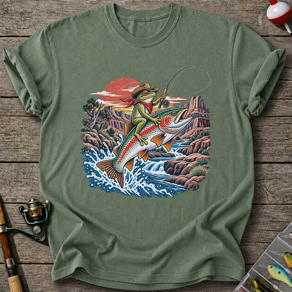 Cowboy Frog Riding a Rainbow Trout Canyon Fishing Graphic T-Shirt
