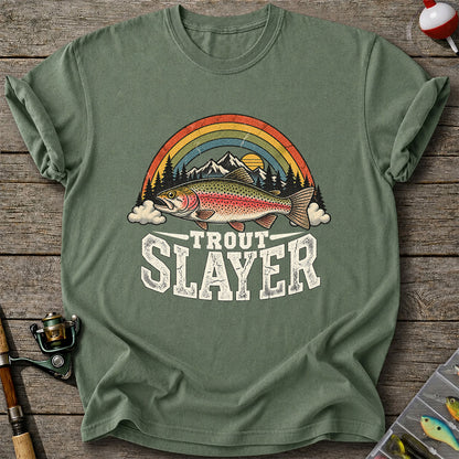 Trout Slayer Rainbow Trout Mountain Sunset Fishing T-Shirt