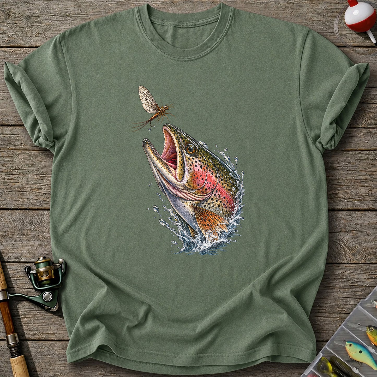 Rainbow Trout Chasing Mayfly Fishing Graphic T-Shirt