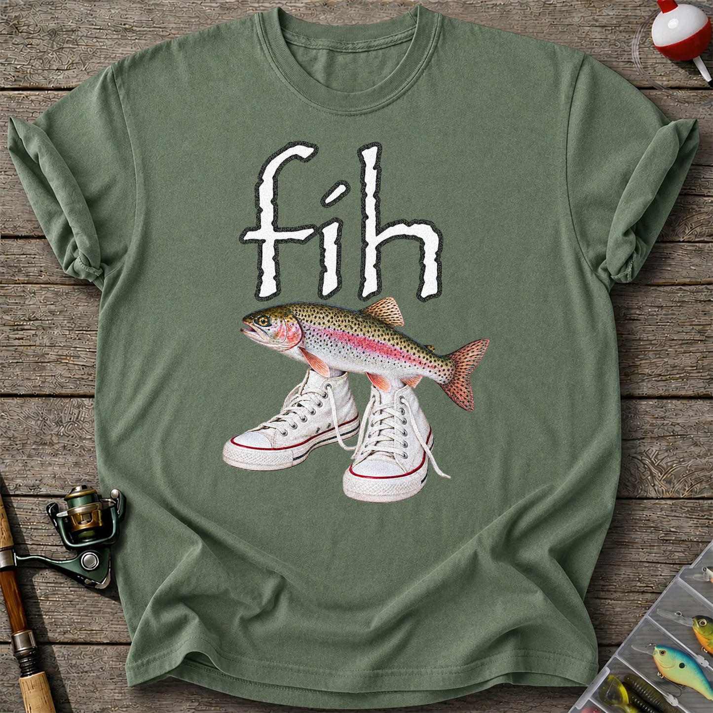 Fih Rainbow Trout Wearing Sneakers Funny Fishing Graphic T-Shirt
