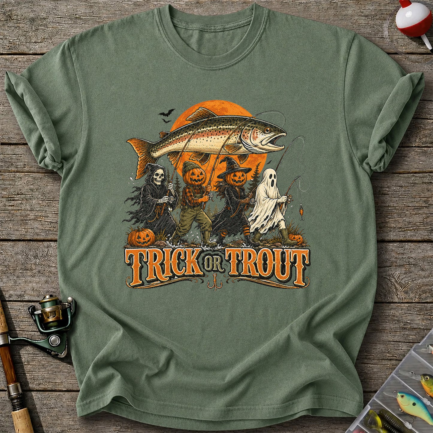 Trick or Trout Halloween Fishing T-Shirt, Vintage Trout Angler Tee