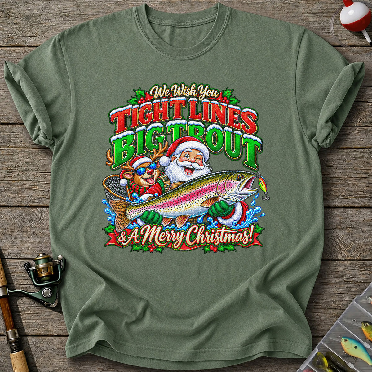 We Wish You Tight Lines Big Trout & a Merry Christmas Santa and Reindeer Fishing T-Shirt
