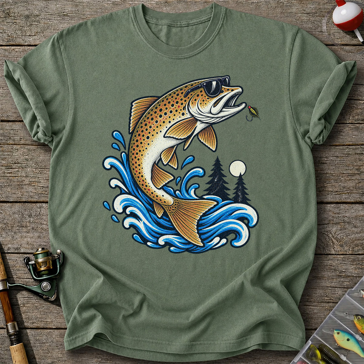 Brown Trout Sunglasses Fishing Graphic T-Shirt with Lure