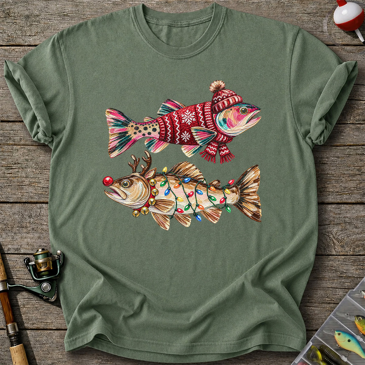 Festive Christmas Fish with Lights Fishing Graphic T-Shirt
