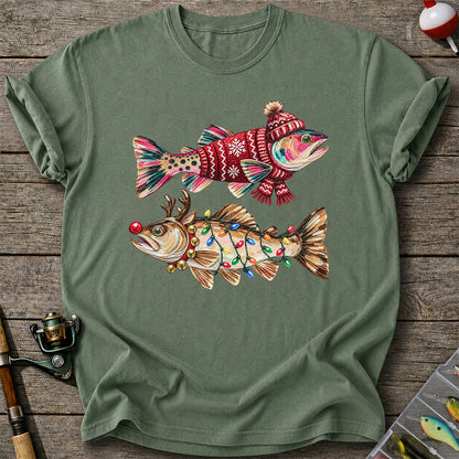 Festive Christmas Fish with Lights Fishing Graphic T-Shirt