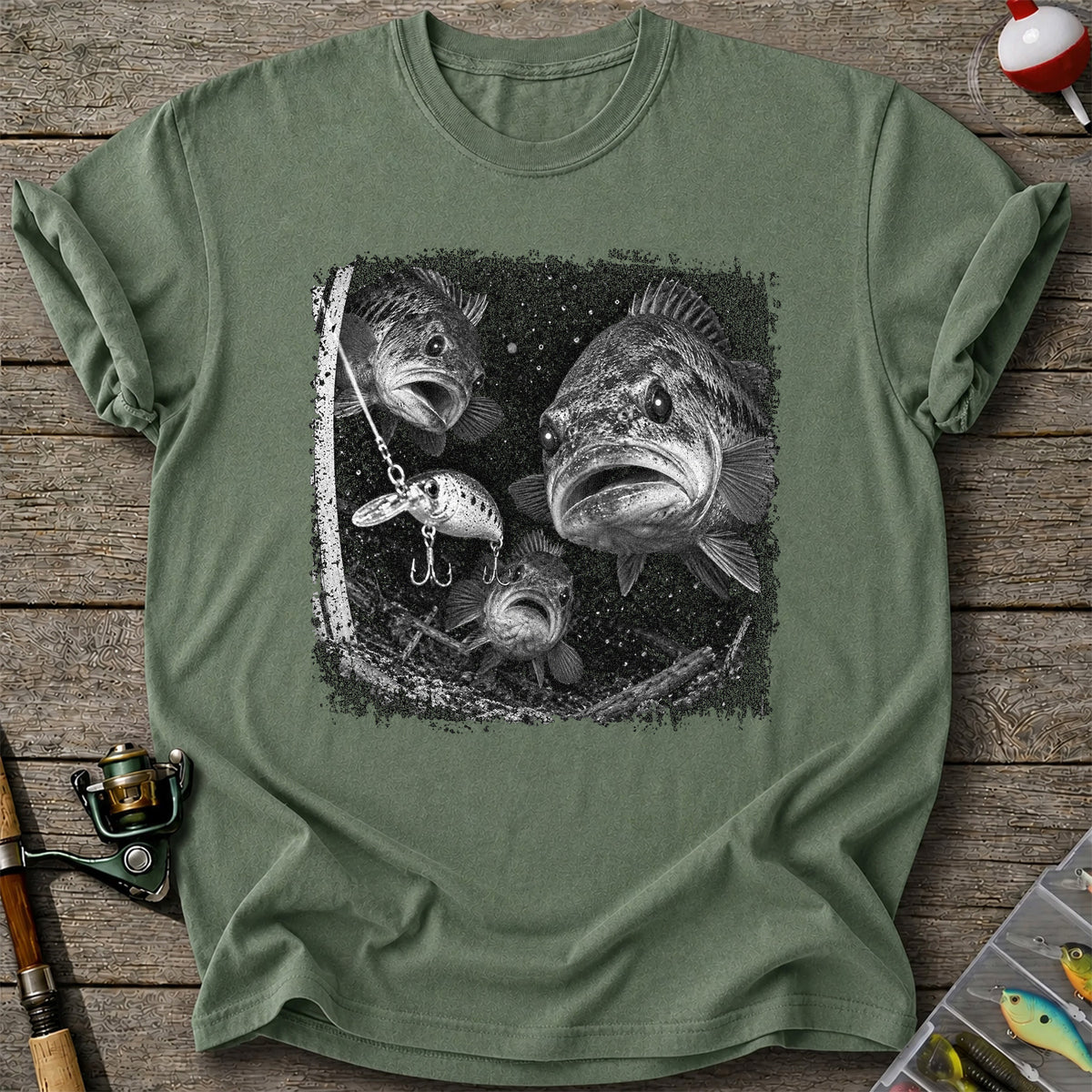 Vintage Bass Fishing Graphic T-Shirt with Underwater Fish Artwork