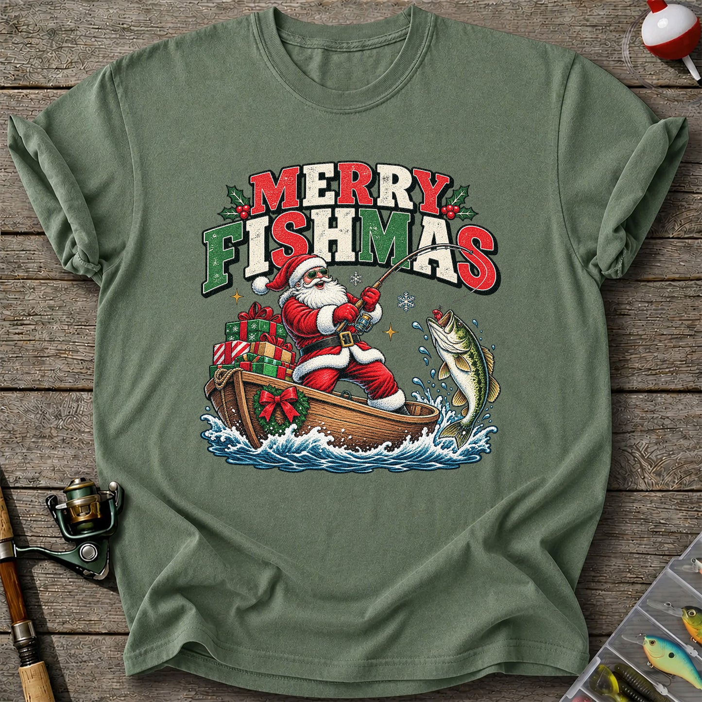 Merry Fishmas Santa Fishing for Bass Christmas Graphic T-Shirt