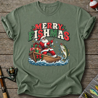 Merry Fishmas Santa Fishing for Bass Christmas Graphic T-Shirt