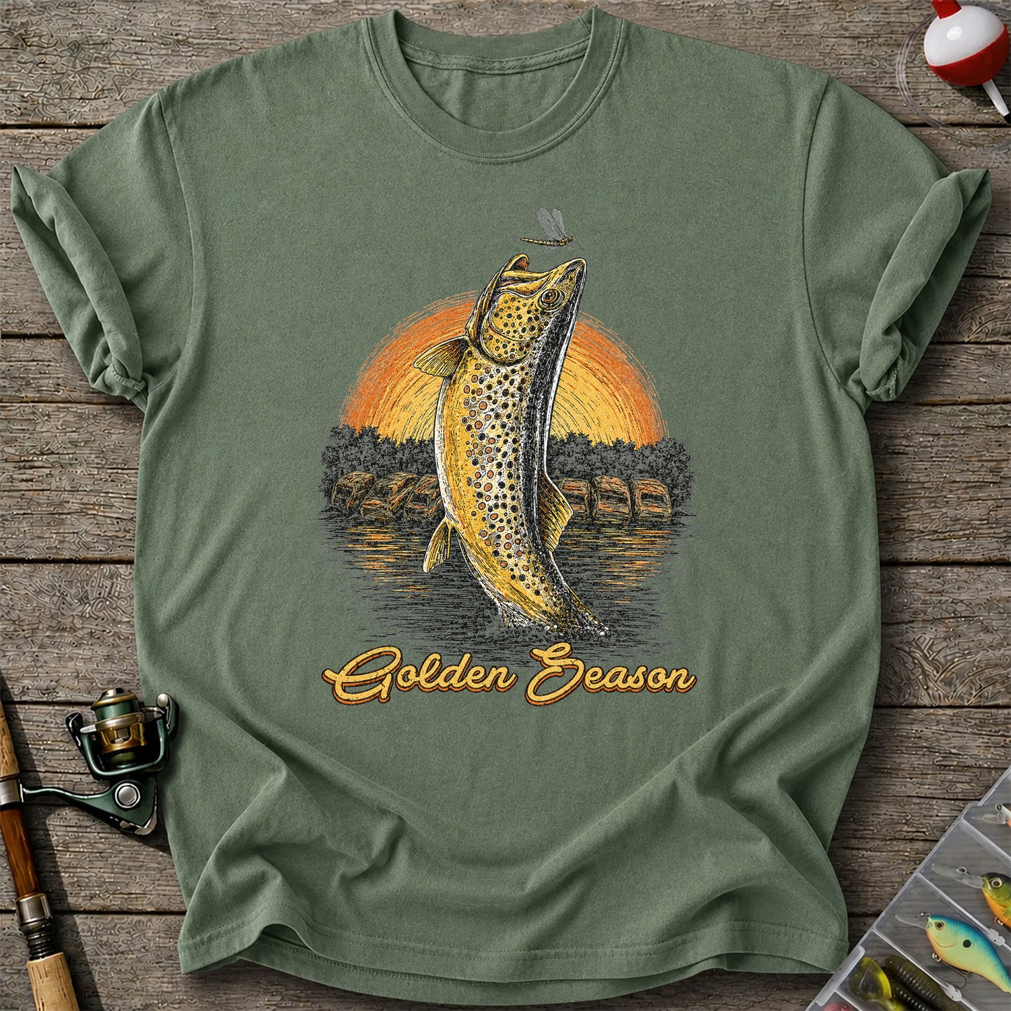 Golden Season Jumping Trout Sunset Fishing Graphic T-Shirt