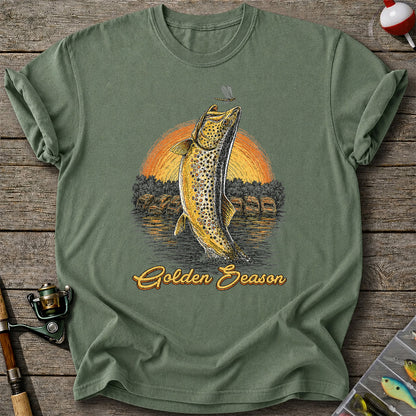 Golden Season Jumping Trout Sunset Fishing Graphic T-Shirt