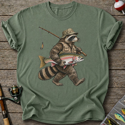Raccoon Angler Holding Rainbow Trout Fishing Graphic T-Shirt